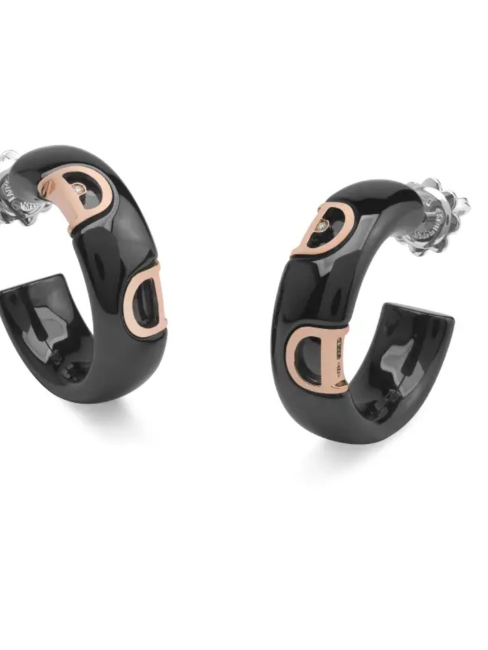 Black Ceramic and Pink Gold Hoop Earrings with Diamonds